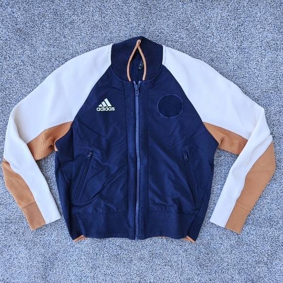 Adidas VRCT Bomber Varisty Jacket Zip Up Sweater Blue White Kids Boys S 8-10 - Picture 1 of 16